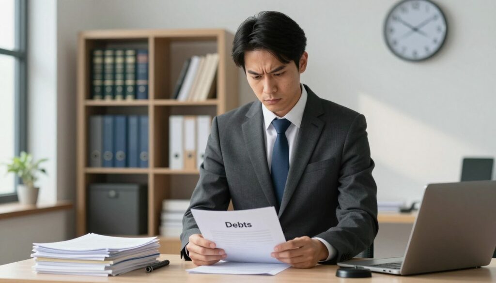 A professional debt collector in an office setting, wearing a smart business suit, stands with a stern yet composed expression, reviewing documents at a desk. The middle ground features a stack of papers labeled "Debts" and a dedicated phone, conveying the seriousness of the job. The background shows a well-organized office with a bookshelf filled with legal books and a clock, indicating time management in debt collection. Soft, natural lighting from a window casts gentle shadows, enhancing the serious atmosphere. The angle captures the subject in a slightly elevated perspective, emphasizing authority. The mood is tense yet professional, portraying a strict adherence to legal parameters and ethical standards in debt collection.