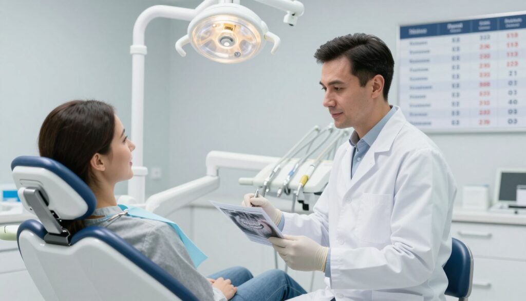 A professional dentist consulting with patients in a modern dental office, showcasing a strong contrast between Polish dental practices and those abroad. In the foreground, the dentist, dressed in a crisp white coat and fitted business attire, examines dental charts, while a patient sits in a sleek dental chair, looking engaged and relaxed. The middle ground features high-tech dental equipment and bright overhead lighting, creating a sterile yet inviting atmosphere. In the background, an informative wall display compares salary statistics between Poland and international markets, enhancing the professional tone. The lighting is bright and clinical, suggesting a sense of trust and expertise. The image has a balanced composition, emphasizing professionalism in the dental field and inviting viewers to explore the subject matter.