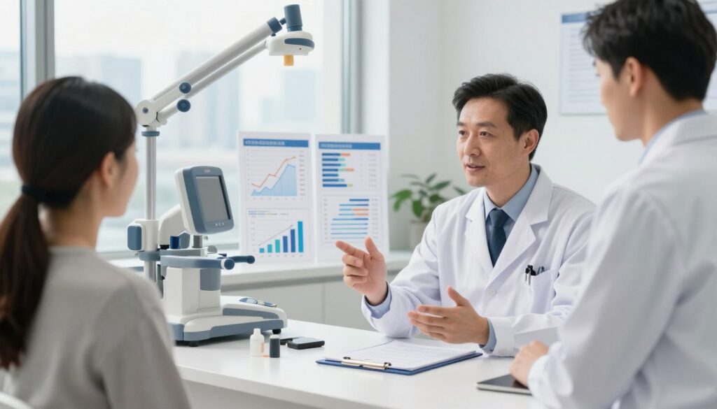 A professional dermatologist's office scene, showcasing the key factors influencing a dermatologist's salary. In the foreground, a dermatologist in formal attire, confidently discussing with a patient in a well-lit examination room, featuring modern medical equipment. In the middle, a variety of charts and graphs displayed on a clean desk, illustrating salary statistics and market trends. The background shows a bright window with a cityscape view, symbolizing location and demand in urban areas. Soft, natural lighting illuminates the room, creating a welcoming and professional atmosphere. The composition captures the essence of professionalism, healthcare, and financial performance within the dermatology field, emphasizing the factors that contribute to salary variations.