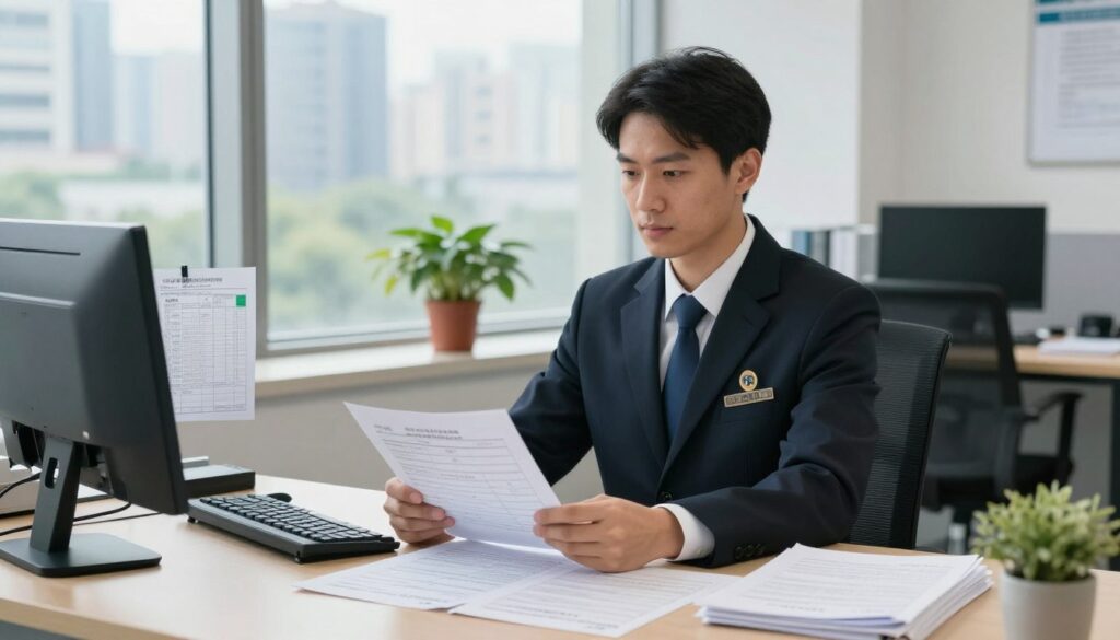 A professional driving examiner in business attire sits at a desk filled with driving test papers and a computer displaying statistics in an office setting. The foreground highlights the examiner's focused expression and the neatly arranged documents. In the middle, a large window provides natural light, illuminating a cityscape in the background, reflecting a busy urban environment. The atmosphere conveys a sense of professionalism and responsibility associated with overseeing driving tests. The lighting is bright and inviting, enhancing the office's modern feel. A few potted plants add a touch of warmth to the environment, ensuring it feels welcoming yet serious. The image should evoke a sense of authority and professionalism in the context of driving examinations.