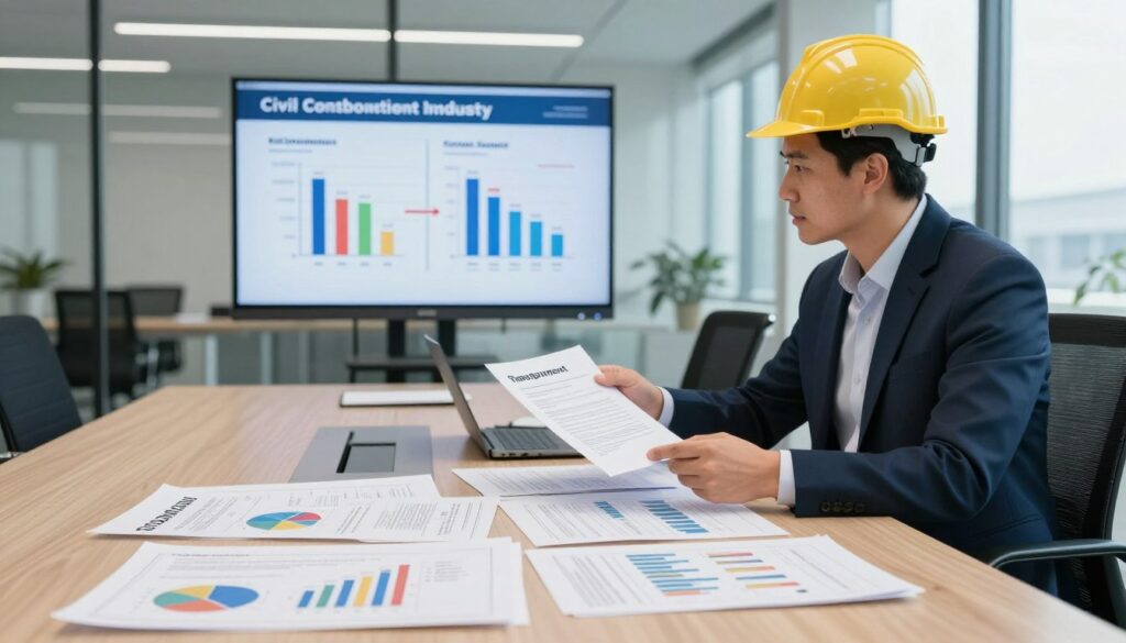 A professional engineer in a smart business outfit is seated at a modern conference table, examining various employment contracts related to the construction sector. In the foreground, there are detailed diagrams, charts, and documents laid out, showcasing different forms of employment, such as full-time, freelance, and contract work. In the middle ground, a digital screen displays a comparison infographic illustrating salary differences and influence of qualifications on earnings. The background features a sleek, contemporary office environment with large windows, allowing natural light to illuminate the scene. The mood is analytical and focused, suggesting a serious discussion about job opportunities and financial implications for civil engineers in the construction industry. The image conveys professionalism and clarity, emphasizing the importance of employment comparisons.