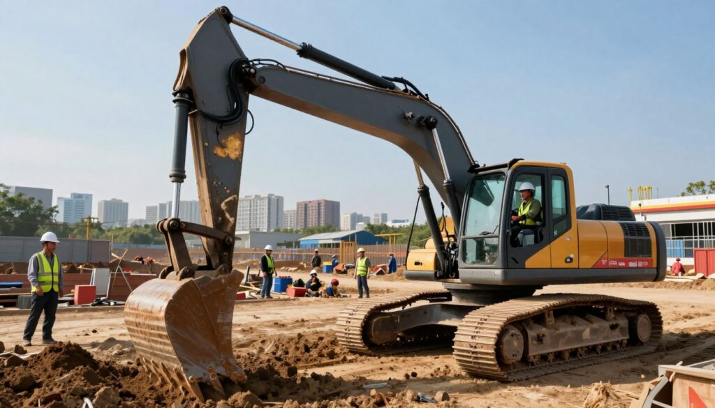 A professional excavator operator at work, focused and skillful, wearing a hard hat and work gear. The foreground features a modern excavator digging into the earth, showcasing its powerful hydraulic arm and large bucket in action. In the middle ground, a construction site displays various types of employment forms, represented by uniforms and tools scattered around. The background includes a city skyline and a clear blue sky, with warm sunlight illuminating the scene, creating a sense of productivity and professionalism. The angle is slightly elevated, capturing the dynamic movement of the excavator and the bustling nature of the worksite, conveying a sense of importance and commitment to safety in construction. A professional excavator operator at work, focused and skillful, wearing a hard hat and work gear. The foreground features a modern excavator digging into the earth, showcasing its powerful hydraulic arm and large bucket in action. In the middle ground, a construction site displays various types of employment forms, represented by uniforms and tools scattered around. The background includes a city skyline and a clear blue sky, with warm sunlight illuminating the scene, creating a sense of productivity and professionalism. The angle is slightly elevated, capturing the dynamic movement of the excavator and the bustling nature of the worksite, conveying a sense of importance and commitment to safety in construction.