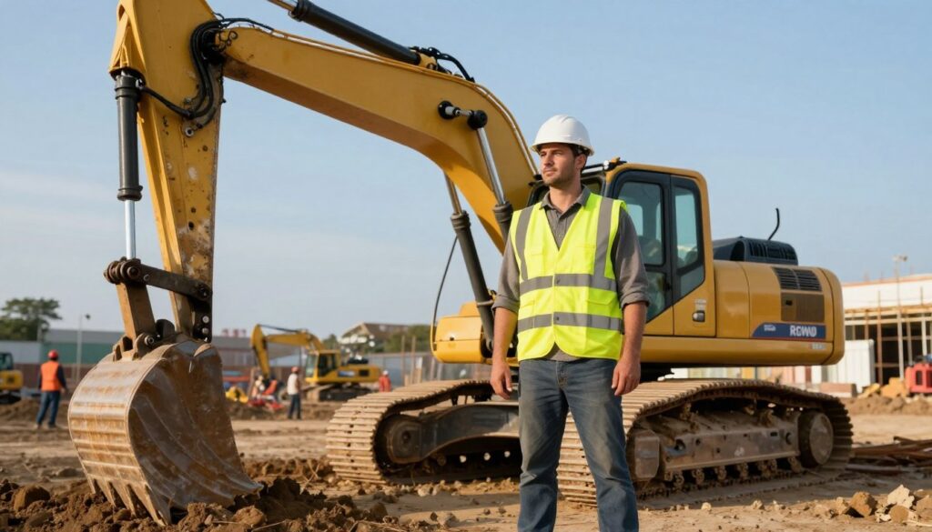 A professional excavator operator stands confidently in a construction site, showcasing expertise in operating heavy machinery. The operator, dressed in a bright yellow safety vest and hard hat, is focused on maneuvering a large excavator with hydraulic arms digging into the earth. In the foreground, the operator's determined expression is visible, emphasizing the skills required for the job. The middle ground features the excavator's massive tracks and bucket, illustrating its power and precision. The background depicts a busy construction site, with other machinery and workers, under a clear blue sky with soft sunlight illuminating the scene. The mood reflects diligence and professionalism, capturing the essence of a vital occupation in construction. A professional excavator operator stands confidently in a construction site, showcasing expertise in operating heavy machinery. The operator, dressed in a bright yellow safety vest and hard hat, is focused on maneuvering a large excavator with hydraulic arms digging into the earth. In the foreground, the operator's determined expression is visible, emphasizing the skills required for the job. The middle ground features the excavator's massive tracks and bucket, illustrating its power and precision. The background depicts a busy construction site, with other machinery and workers, under a clear blue sky with soft sunlight illuminating the scene. The mood reflects diligence and professionalism, capturing the essence of a vital occupation in construction.