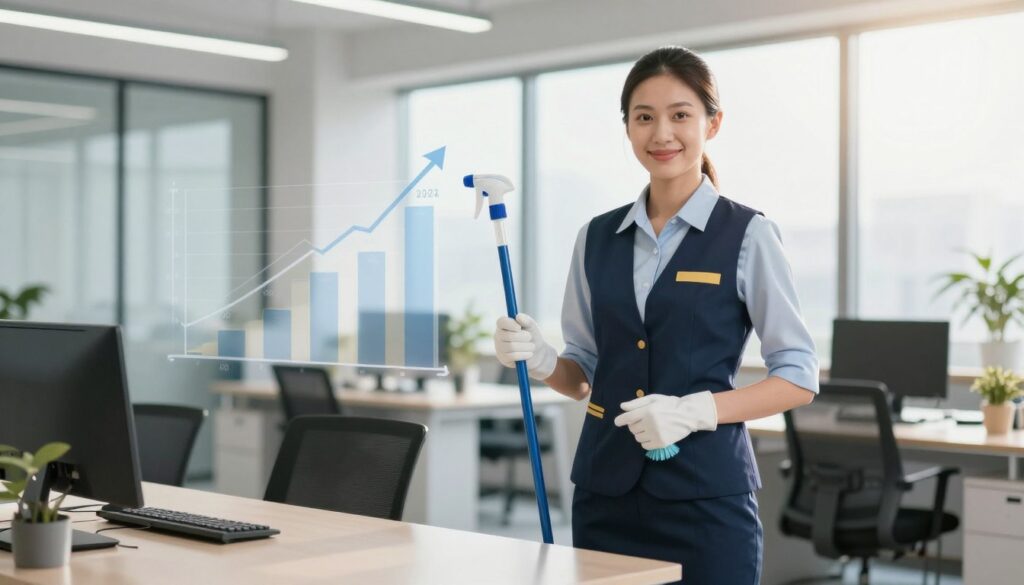 A professional female cleaner in smart business attire stands confidently with cleaning tools in hand, symbolizing growth and opportunity in her career. In the foreground, a modern office environment is depicted, with gleaming surfaces and organized spaces, suggesting professionalism and quality. In the middle, a chart displaying upward trends in salary and qualification opportunities subtly merges into the scene, reinforcing the theme of career development. The background features large windows that let in natural light, creating a warm and inviting atmosphere that conveys hope and ambition. The image captures a dynamic perspective, focusing on professionalism and the promising future of janitorial services, illuminated by bright, focused lighting to enhance clarity and impact.