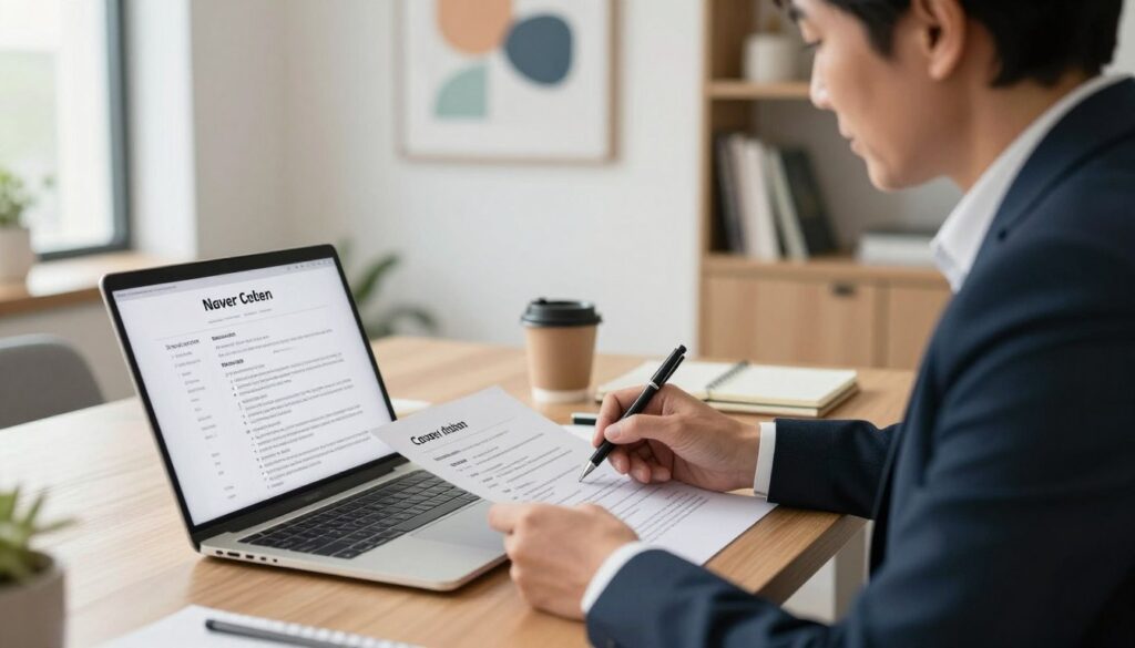 A professional job seeker sitting at a modern office desk, intently focused on customizing a job application document. In the foreground, a neatly opened laptop displays a tailored resume and cover letter. The subject, a middle-aged individual dressed in smart business attire, uses a pen to highlight key qualifications on a printed job description. In the middle ground, various office supplies, such as a notepad and coffee mug, contribute to the ambiance of productivity. The soft, diffused natural light streams in through a large window, casting gentle shadows and creating an inviting atmosphere. The background features abstract art on the walls and a well-organized bookshelf, enhancing the sense of professionalism and attention to detail essential for effective job applications.