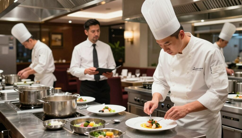 A professional kitchen and restaurant setting highlighting the differences in salaries between chefs in hotels and restaurants. In the foreground, a chef in professional attire meticulously preparing a gourmet dish, surrounded by high-quality kitchen equipment. In the middle ground, a well-dressed restaurant manager discussing with a waiter, emphasizing the restaurant ambiance with elegant dining setups. The background features an upscale hotel kitchen, showcasing chefs working in a busy environment, with large pots and polished surfaces. The lighting is bright and modern, illuminating the meticulous details of food preparation, creating a busy yet organized atmosphere. The overall mood conveys professionalism and dedication in the culinary field. A professional kitchen and restaurant setting highlighting the differences in salaries between chefs in hotels and restaurants. In the foreground, a chef in professional attire meticulously preparing a gourmet dish, surrounded by high-quality kitchen equipment. In the middle ground, a well-dressed restaurant manager discussing with a waiter, emphasizing the restaurant ambiance with elegant dining setups. The background features an upscale hotel kitchen, showcasing chefs working in a busy environment, with large pots and polished surfaces. The lighting is bright and modern, illuminating the meticulous details of food preparation, creating a busy yet organized atmosphere. The overall mood conveys professionalism and dedication in the culinary field.