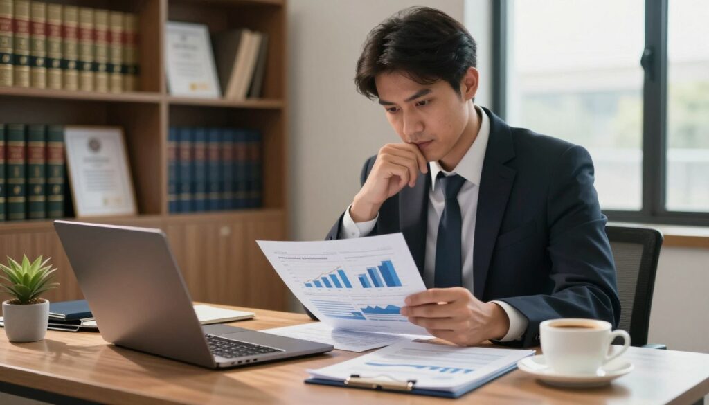 A professional legal advisor in a modern office, deep in thought, analyzing financial graphs and reports depicting varying salary scales for legal counsel. The foreground features a neatly organized desk with a laptop, legal documents, and a cup of coffee. In the middle, the advisor, dressed in a smart suit, is absorbed in the paperwork under warm, soft lighting, which casts subtle shadows, enhancing the focus on the expression of concentration. The background shows shelves filled with law books and certificates, adding depth to the setting, while a large window lets in natural light, suggesting a bright and optimistic atmosphere. The image conveys professionalism and the quest for knowledge about legal salaries. A professional legal advisor in a modern office, deep in thought, analyzing financial graphs and reports depicting varying salary scales for legal counsel. The foreground features a neatly organized desk with a laptop, legal documents, and a cup of coffee. In the middle, the advisor, dressed in a smart suit, is absorbed in the paperwork under warm, soft lighting, which casts subtle shadows, enhancing the focus on the expression of concentration. The background shows shelves filled with law books and certificates, adding depth to the setting, while a large window lets in natural light, suggesting a bright and optimistic atmosphere. The image conveys professionalism and the quest for knowledge about legal salaries.