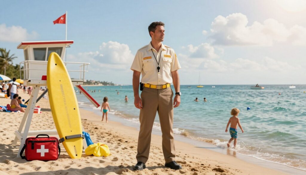 A professional lifeguard standing confidently at the edge of a vibrant beach, showcasing various factors influencing their salary. In the foreground, the lifeguard is dressed in a smart, modest uniform, with a whistle around their neck, attentively observing the water. The middle ground features a busy beach scene with sunbathers, children playing, and detailed lifeguard equipment like rescue boards and first aid kits. In the background, a bright summer sky with a few fluffy clouds enhances the lively atmosphere, along with distant silhouettes of beachgoers. The lighting is warm and inviting, suggesting midday sun. The overall mood is energetic and optimistic, capturing the significance of various influences on lifeguard salaries in this picturesque setting.