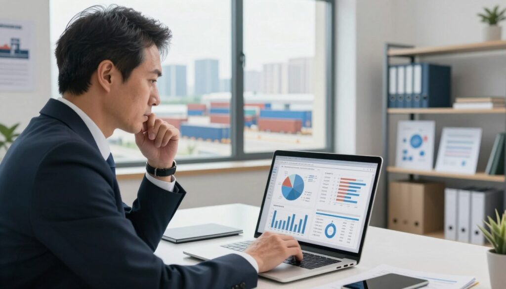 A professional logistician in a modern office setting, focused on analyzing data trends on a laptop. The foreground features the logistician, a middle-aged Caucasian man dressed in formal business attire, intently reviewing charts and graphs on the screen, with a thoughtful expression. In the middle ground, a large window showcases an urban landscape with logistics hubs and shipping containers, indicating the logistics industry. The background displays shelves with logistics books and charts, enhancing the theme of expertise and professionalism. The light is bright and natural, coming from the window, creating a productive atmosphere. The angle is slightly above eye level, offering a clear view of the logistician and the bustling cityscape beyond. A professional logistician in a modern office setting, focused on analyzing data trends on a laptop. The foreground features the logistician, a middle-aged Caucasian man dressed in formal business attire, intently reviewing charts and graphs on the screen, with a thoughtful expression. In the middle ground, a large window showcases an urban landscape with logistics hubs and shipping containers, indicating the logistics industry. The background displays shelves with logistics books and charts, enhancing the theme of expertise and professionalism. The light is bright and natural, coming from the window, creating a productive atmosphere. The angle is slightly above eye level, offering a clear view of the logistician and the bustling cityscape beyond.