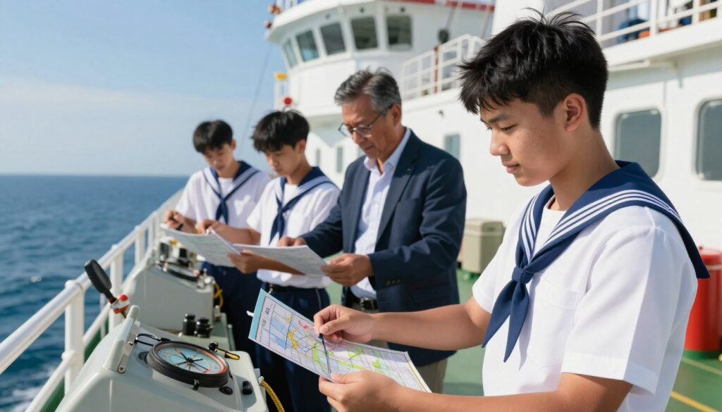 A professional maritime education scene, depicting a confident young maritime student engaged in hands-on training aboard a modern ship. In the foreground, the student, dressed in a crisp maritime uniform, examines navigation charts. In the middle ground, fellow trainees practice using nautical equipment, such as compasses and radios, under the guidance of an experienced instructor clad in smart casual attire. The background reveals the deck of a ship, with a clear blue sea under a bright sky. The scene is bathed in natural sunlight, creating a warm and aspirational atmosphere. The composition emphasizes teamwork and knowledge acquisition essential for a career in maritime professions, with a focus on education and qualifications critical to success at sea.