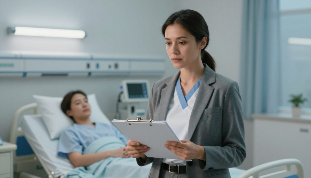 A professional medical caregiver in a hospital setting, dressed in smart casual attire, stands confidently with a clipboard in hand, looking thoughtfully at a chart. In the foreground, bright hospital lights illuminate her focused expression. In the middle ground, a hospital room is visible, featuring a hospital bed with medical equipment, and a serene patient resting peacefully in the background. The atmosphere is calm and reassuring, emphasizing the caregiver's role in patient care. Soft, diffused lighting casts gentle shadows, highlighting the caregiver’s dedication. The scene conveys professionalism and compassion, capturing the essence of a medical caregiver's work environment, emphasizing their importance and responsibilities.