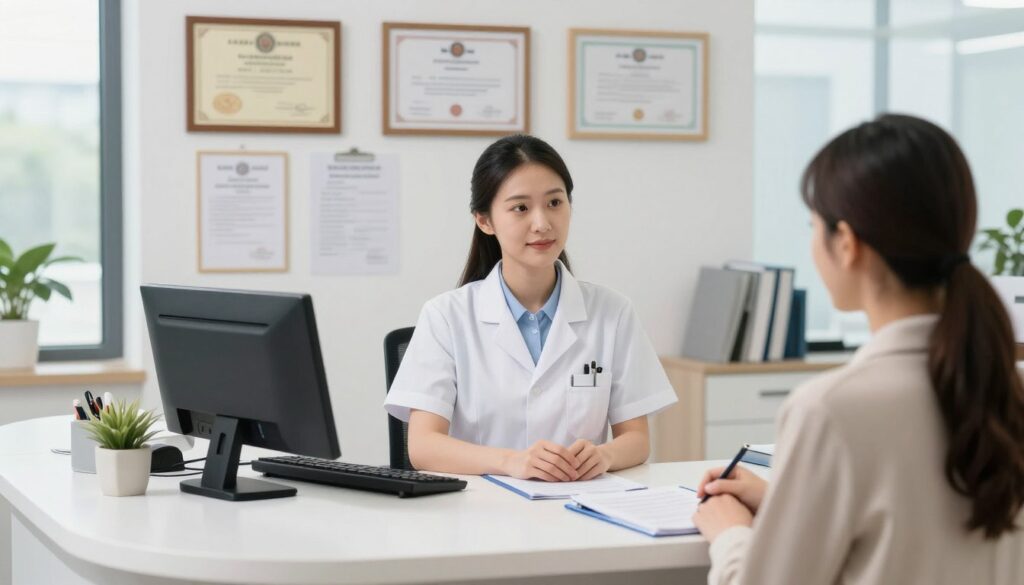 A professional medical receptionist sits at a well-organized front desk in a bright, modern clinic. She is dressed in smart business attire, embodying professionalism and competence. Surrounding her are various medical certificates and diplomas displayed on the wall, symbolizing the importance of education in her role. In the background, soft natural lighting flows through large windows, creating a welcoming atmosphere. The receptionist is confidently engaging with a patient, showcasing her multitasking abilities, with a computer and patient files neatly arranged on her desk. The image captures the essence of how education impacts salary in the medical field, focusing on the connection between professional qualifications and financial success in a healthcare setting.