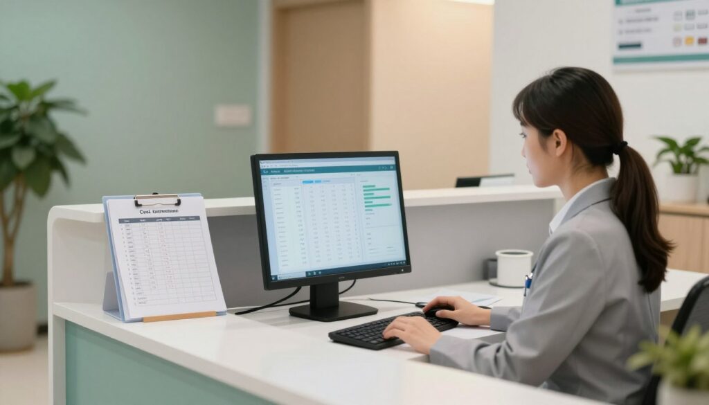 A professional medical receptionist's workspace, showcasing a modern reception area with sleek furniture and organized medical paperwork. In the foreground, a focused female receptionist in business attire is engaged with a computer, looking at a digital dashboard displaying analytics for cost optimization. The middle ground features a contemporary reception desk with medical charts and appointment schedules, emphasizing efficiency in operations. The background reveals a calming environment with soft, warm lighting that creates an inviting atmosphere, complemented by potted plants and a subtle color palette of greens and whites. The overall mood is one of professionalism and organization, illustrating a successful optimization strategy for medical registration costs.