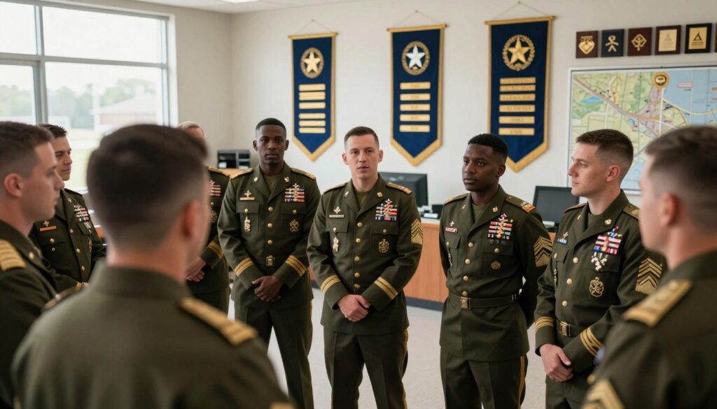 A professional military scene depicting the career progression of a corporal in the armed forces. In the foreground, a diverse group of service members in polished military uniforms stands together, engaged in discussion about advancement opportunities. The middle ground features a well-organized training environment with banners showing the ranks of the non-commissioned officer corps, emphasizing growth and development. The background showcases a field office with military paraphernalia, including maps and awards, under soft, natural daylight filtering through large windows. Capture the atmosphere of ambition and teamwork, with a slightly blurred depth of field to focus on the personnel in the foreground. The overall mood should be inspiring and professional, reflecting the dedication of those on the path to advancement within the military ranks.