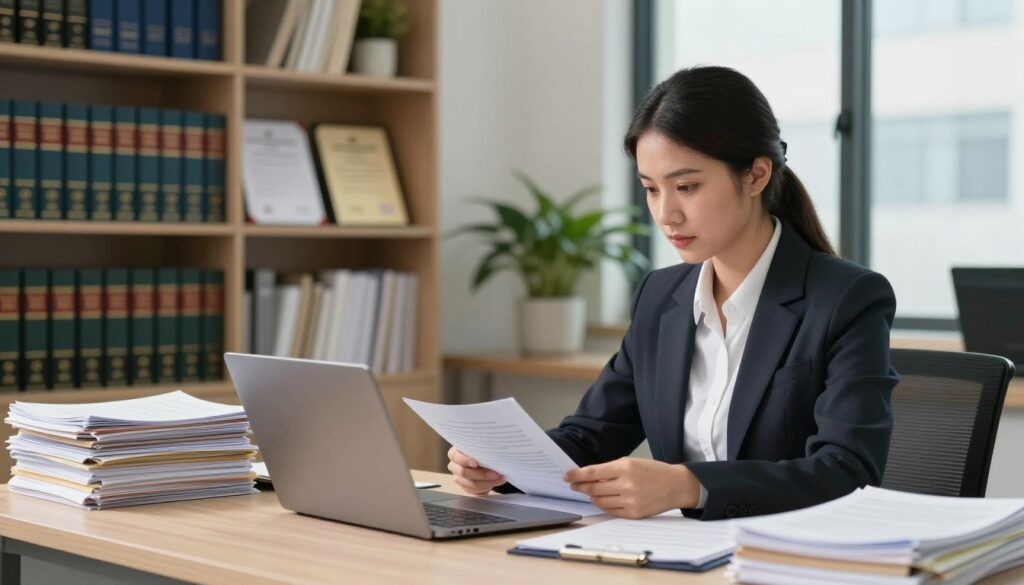 A professional notary public working in a modern office setting, surrounded by stacks of legal documents and thick books. In the foreground, a focused notary of Asian descent, dressed in a smart business suit, is reviewing documents on their desk with a laptop open. In the middle ground, shelves filled with legal references and certificates create a scholarly atmosphere, while a decorative potted plant adds a touch of warmth. The background features a large window allowing soft natural light to illuminate the space, casting gentle shadows. The overall mood is professional and diligent, emphasizing the seriousness and educational path toward becoming a notary public. The image should capture a moment of concentration in a bustling, organized office environment, showcasing the importance of the notarial profession.