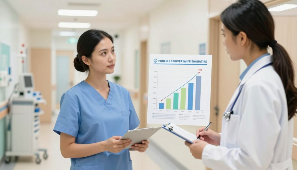 A professional nurse or medical caregiver stands at the forefront, engaged in a conversation with a colleague in a modern healthcare facility. Both individuals are dressed in professional healthcare attire, including scrubs and lab coats, reflecting a serious and caring atmosphere. In the middle ground, a graph displaying wage comparisons between the public and private healthcare sectors gives context to their discussion. The background shows a bright, well-lit hospital corridor with medical equipment and patient rooms, conveying a bustling yet organized environment. The lighting is soft and warm, creating an inviting atmosphere that emphasizes professionalism and the importance of fair compensation in healthcare careers. The composition is framed from a slight angle to capture both figures and the visual data in a coherent and engaging manner.