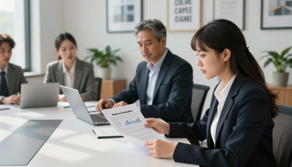 A professional office environment depicting a diverse group of individuals engaged in a discussion about employment contract termination periods. In the foreground, a young woman in formal business attire is reviewing a document titled "Notice of Termination" on a sleek conference table. In the middle, a middle-aged man in a suit interacts with a laptop, showcasing graphs related to notice periods. The background is filled with modern office decorations, such as framed motivational quotes and potted plants. Soft, natural lighting streams through large windows, casting subtle shadows, creating a calm and professional atmosphere. The overall mood is one of clarity and focus, emphasizing important information regarding notice periods based on contract types. A professional office environment depicting a diverse group of individuals engaged in a discussion about employment contract termination periods. In the foreground, a young woman in formal business attire is reviewing a document titled "Notice of Termination" on a sleek conference table. In the middle, a middle-aged man in a suit interacts with a laptop, showcasing graphs related to notice periods. The background is filled with modern office decorations, such as framed motivational quotes and potted plants. Soft, natural lighting streams through large windows, casting subtle shadows, creating a calm and professional atmosphere. The overall mood is one of clarity and focus, emphasizing important information regarding notice periods based on contract types.