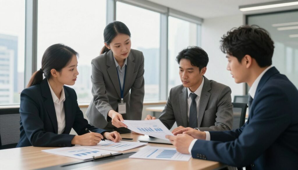 A professional office environment depicting businesspeople engaged in a strategic discussion. In the foreground, a diverse group of three individuals—two men in suits and a woman in a blazer—are gathered around a sleek conference table, analyzing documents and graphs that represent business operations. The middle ground features large windows allowing natural light to illuminate the room, creating a warm and inviting atmosphere. In the background, a modern city skyline is visible, symbolizing the business landscape. The lighting is bright yet soft, enhancing the focus on collaboration and decision-making. The mood is serious yet optimistic, reflecting the companies adapting their strategies rather than withdrawing entirely.
