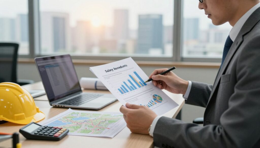 A professional office environment illustrating factors influencing salary in the surveying industry. In the foreground, a confident surveyor in business attire, examining a large document with financial graphs and charts, representing diverse salary influences. In the middle ground, a modern desk cluttered with tools of the trade such as a laptop, calculation tools, and a map, symbolizing the surveying profession. In the background, large windows reveal a city skyline, illuminated by soft, natural lighting, creating a warm and inviting atmosphere. The image captures a blend of analytical focus and professionalism, emphasizing the importance of various salary determining factors in a visually engaging way.
