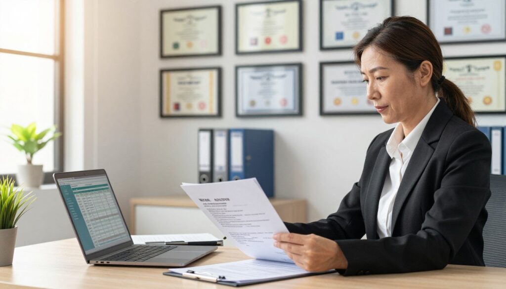 A professional office scene depicting an HR manager reviewing applications for work experience positions at a desk. In the foreground, a focused middle-aged woman in professional business attire examines a folder filled with resumes, with a laptop open showing spreadsheets related to work experience. In the middle, an array of framed degrees and certifications decorate the wall, symbolizing the importance of education in career progression. In the background, soft natural lighting streams through a window, casting a warm glow across a potted plant and neatly stacked files. The atmosphere is serious yet hopeful, reflecting a blend of professionalism and the excitement of beginning a career journey. The image should evoke a sense of reflection on educational qualifications and their relation to work experience.
