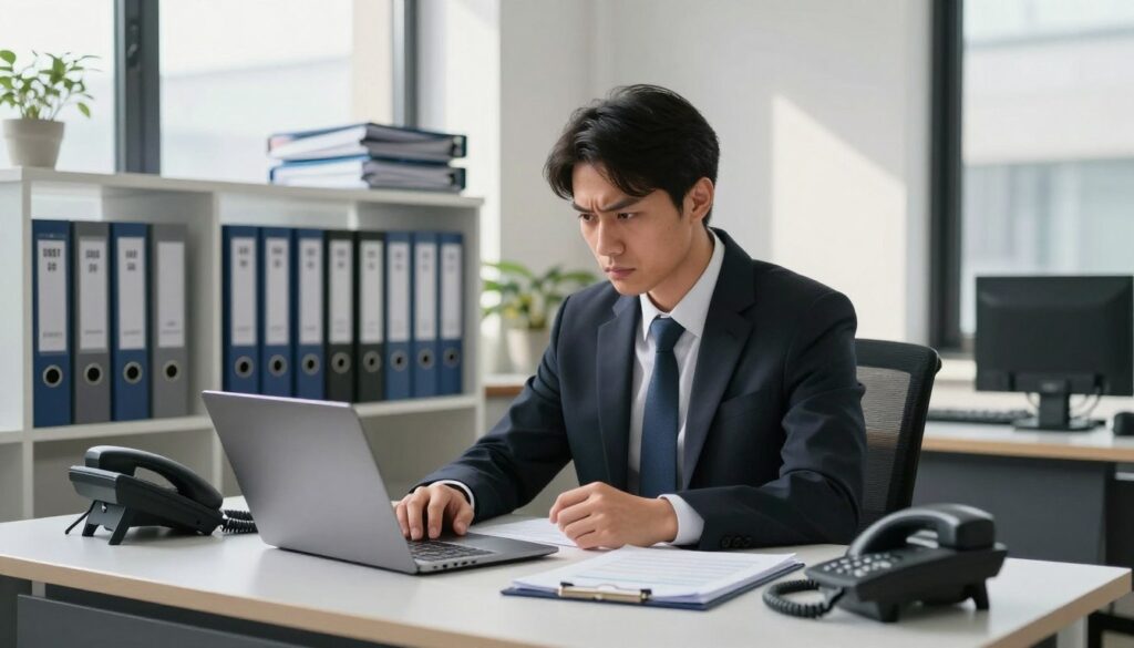 A professional office setting depicting a debt collection agency. In the foreground, a serious-looking business professional in formal attire, sitting at a modern desk with a laptop, documents, and a phone. The middle ground features a well-organized office with shelves of folders labeled with financial terms and contact information. The background shows large windows with soft natural light pouring in, casting gentle shadows on the room. The atmosphere is tense yet professional, highlighting the essence of financial seriousness and the weight of responsibility. The scene conveys a sense of urgency and determination, focusing on the professional dealing with complex situations related to debt collection. The camera angle is slightly tilted to emphasize the seriousness of the setting without any distractions.