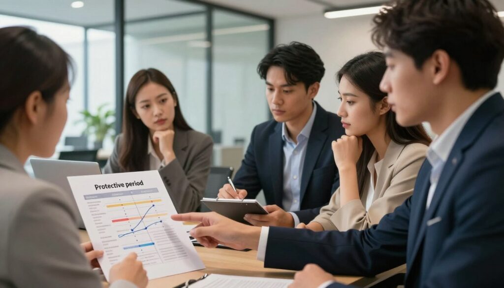 A professional office setting depicting a diverse group of business people engaged in discussion about health insurance, emphasizing the concept of "protective period" after employment termination. In the foreground, a businesswoman in professional attire is pointing at a chart that illustrates health coverage timelines. In the middle, a man in a suit is taking notes, while a woman in modest casual clothing reflects thoughtfully. The background features a modern office with glass walls, natural light streaming in, and greenery visible outside. The atmosphere is serious yet collaborative, capturing the importance of understanding health insurance options during employment transitions. Soft lighting accentuates the faces, creating a warm but focused mood. The composition is balanced, with an emphasis on the discussion and visual aids.