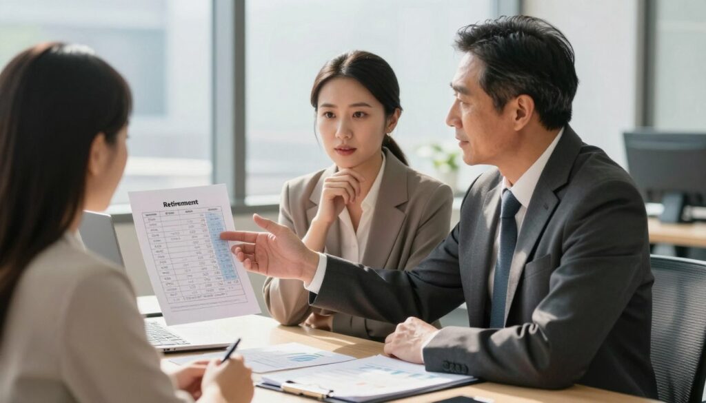 A professional office setting depicting a financial advisor explaining retirement options to a client. In the foreground, a middle-aged man in a business suit gestures towards a detailed chart illustrating the difference between minimum and calculated pensions. The client, a woman in smart casual attire, listens attentively, nodding in understanding. The background features a sleek modern office with large windows allowing natural light to brighten the space, casting soft shadows. Desks with financial documents and a laptop are visible. The overall atmosphere is one of professionalism and focused discussion, suggesting a serious yet hopeful tone about future financial security. The scene is captured with a shallow depth of field, emphasizing the interaction between the two individuals in a warm, inviting light.