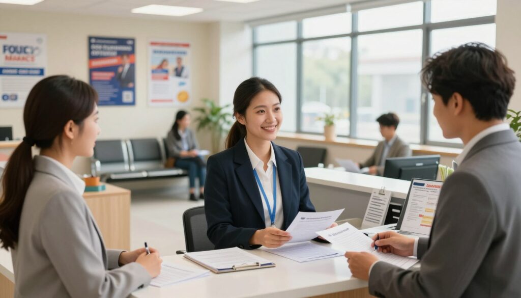 A professional office setting depicting the registration process at a local employment office. In the foreground, a diverse group of individuals in smart business attire engages with a friendly government employee behind a reception desk, reviewing paperwork and discussing registration options. The middle layer shows a neat waiting area with job advertisements and informational brochures neatly displayed. In the background, large windows allow natural light to flood into the space, creating an open and welcoming atmosphere. The overall mood is focused and hopeful, conveying a sense of opportunity and support for job seekers. Soft, warm lighting enhances the inviting feel of the scene, with a slightly blurred depth of field to draw attention to the interactions.