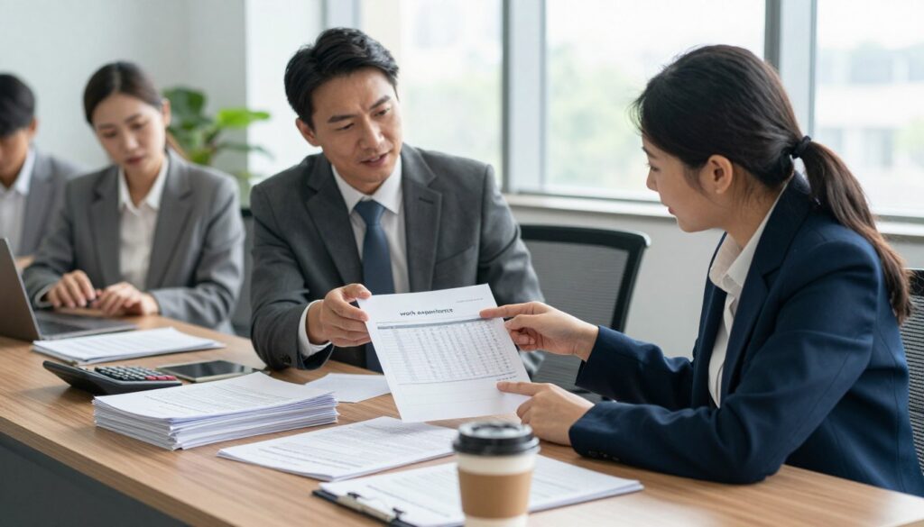 A professional office setting depicting the theme of "work experience" with an elegant wooden desk in the foreground. On the desk, there’s a neatly organized stack of documents, including a calculator and a cup of coffee. In the middle ground, a diverse group of well-dressed individuals—two adults in business attire, one male and one female—are engaged in a discussion, pointing at an open document that outlines work history calculations. In the background, a large window allows natural light to flood the room, creating a bright and inviting atmosphere. The mood is focused and professional, reflecting the serious nature of calculating work experience as per legal standards. The camera angle is slightly elevated, showcasing both the desk and the engaged individuals clearly. A professional office setting depicting the theme of "work experience" with an elegant wooden desk in the foreground. On the desk, there’s a neatly organized stack of documents, including a calculator and a cup of coffee. In the middle ground, a diverse group of well-dressed individuals—two adults in business attire, one male and one female—are engaged in a discussion, pointing at an open document that outlines work history calculations. In the background, a large window allows natural light to flood the room, creating a bright and inviting atmosphere. The mood is focused and professional, reflecting the serious nature of calculating work experience as per legal standards. The camera angle is slightly elevated, showcasing both the desk and the engaged individuals clearly.