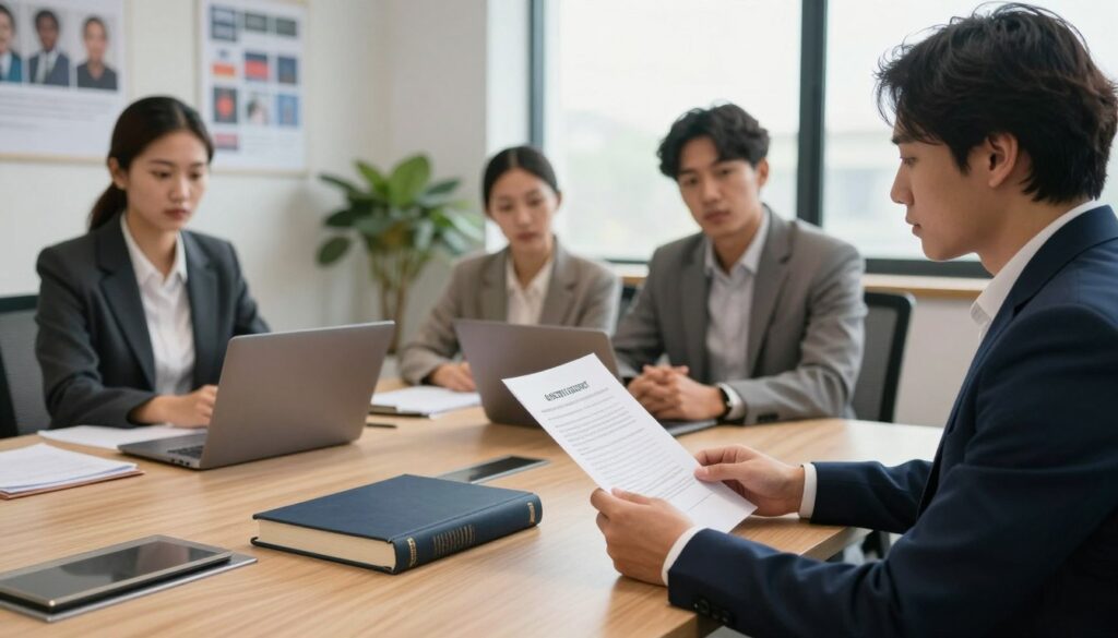 A professional office setting featuring a diverse group of individuals engaged in a discussion about the termination of a work agreement. In the foreground, a person in a business suit, holding a document, looks thoughtfully at a colleague who is seated at a conference table, also in business attire. The middle layer includes a laptop, legal books, and a printed contract, symbolizing the legal aspects of ending employment. The background shows a well-organized office with motivational posters and a large window emitting natural light, creating a warm, focused atmosphere. The scene conveys a serious yet collaborative mood, emphasizing professionalism and legal knowledge related to employment termination. A professional office setting featuring a diverse group of individuals engaged in a discussion about the termination of a work agreement. In the foreground, a person in a business suit, holding a document, looks thoughtfully at a colleague who is seated at a conference table, also in business attire. The middle layer includes a laptop, legal books, and a printed contract, symbolizing the legal aspects of ending employment. The background shows a well-organized office with motivational posters and a large window emitting natural light, creating a warm, focused atmosphere. The scene conveys a serious yet collaborative mood, emphasizing professionalism and legal knowledge related to employment termination.