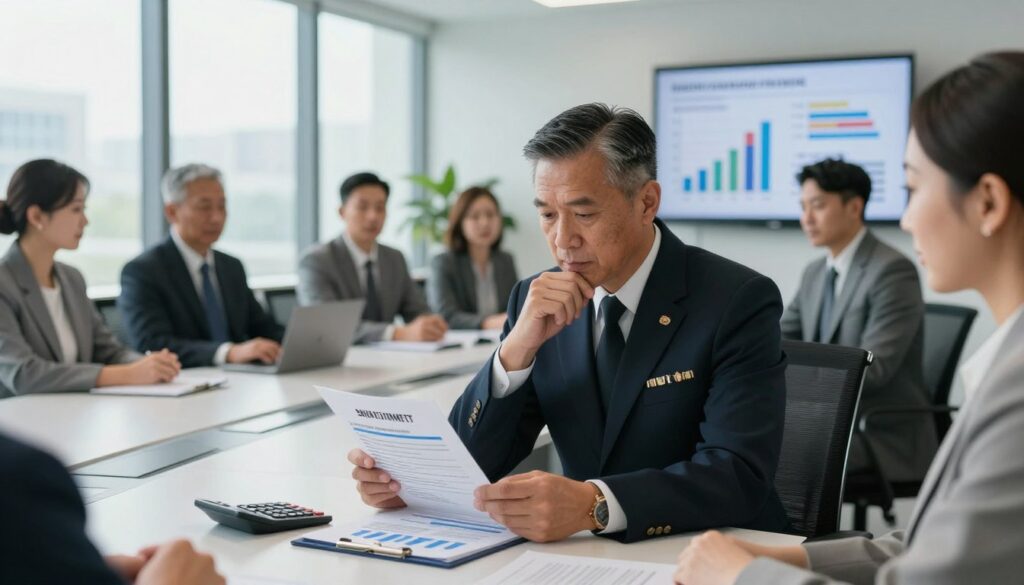 A professional office setting, featuring a diverse group of military officers in formal business attire engaged in a discussion about benefits and allowances. In the foreground, a middle-aged officer, looking thoughtful, examines a document outlining various financial advantages, with a calculator and financial charts on a sleek table. The middle section showcases a modern conference room with large windows allowing natural light to illuminate the space, creating a bright and optimistic atmosphere. In the background, a wall-mounted screen displays graphs and statistics related to income and allowances. The overall mood is focused and collaborative, reflecting the importance of benefits in enhancing real income for officers, with an emphasis on professionalism and clarity.