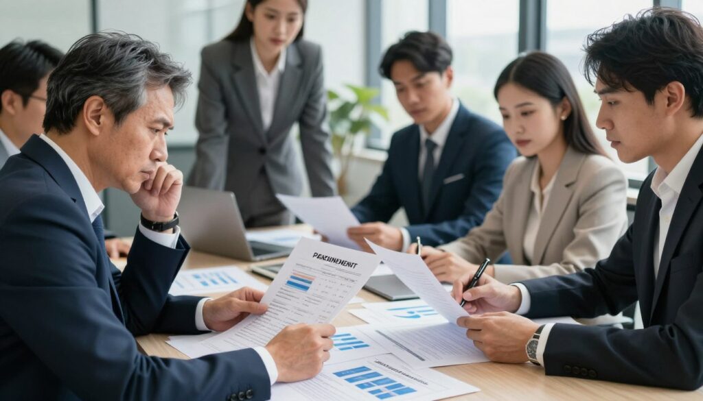 A professional office setting, focused on a table where multiple business professionals are discussing retirement benefits. In the foreground, a middle-aged man in a suit is reviewing documents, looking concerned. In the middle ground, a diverse group of male and female professionals, dressed in business attire, interact with charts and diagrams about pension rights and employment history. The background features a modern office environment with large windows letting in natural light, creating a bright and informative atmosphere. Soft shadows add depth to the scene, while a sense of collaboration and seriousness fills the air, highlighting the complexity of establishing retirement entitlements. The overall mood is focused and professional, encouraging thoughtful discussion on special circumstances regarding pension rights.