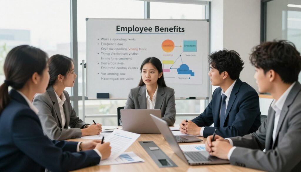 A professional office setting focused on employee benefits with vivid details. In the foreground, a diverse group of professionals, dressed in business attire, are engaged in a discussion around a conference table laden with paperwork, charts, and a laptop, illustrating the topic of vacation entitlement based on employment history. In the middle ground, a large whiteboard displays key points related to work experience and vacation days, with colorful diagrams. The background features large windows allowing soft, natural light to filter in, creating a warm atmosphere. The scene conveys a serious yet collaborative mood, emphasizing the importance of understanding how job training influences vacation time. The angle is slightly elevated, capturing the entire scene while maintaining a focus on the engaged individuals.