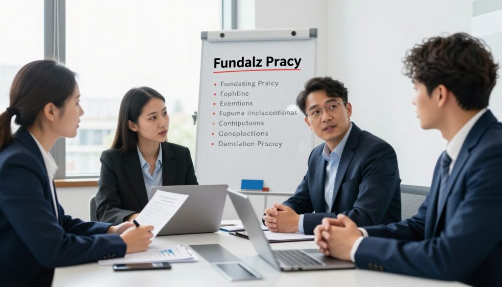 A professional office setting focused on the concept of "Fundusz Pracy," emphasizing key exemptions from contributions. In the foreground, a diverse group of three business professionals engaged in a discussion around a sleek conference table, with documents and a laptop featuring financial graphs. The middle ground showcases a whiteboard with key points about exemptions highlighted. In the background, large windows allow soft, natural light to flood the room, creating a bright and encouraging atmosphere. The professionals are dressed in smart business attire, exuding a sense of purpose and collaboration. The overall mood conveys clarity, professionalism, and teamwork, illustrating the importance of understanding the topic being discussed.