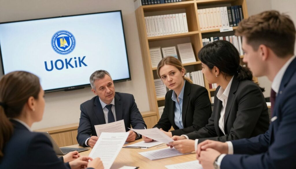 A professional office setting showcasing a dynamic scene related to consumer protection. In the foreground, a diverse group of individuals in business attire is engaged in a discussion around a table, examining documents that represent consumer complaints. In the middle ground, a large wall display features the emblem of the Office of Competition and Consumer Protection (UOKiK) prominently. The background shows bookshelves filled with legal texts and consumer rights resources, illuminated by soft, warm lighting to create an inviting atmosphere. The angle is slightly tilted downwards, allowing focus on the group while still capturing the professional environment. The overall mood conveys a sense of empowerment, collaboration, and seriousness regarding consumer rights and advocacy.