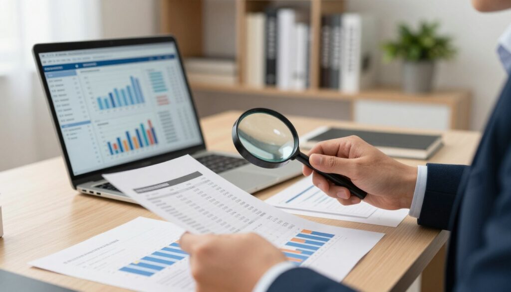 A professional office setting showing a person in business attire analyzing financial documents on a desk. The foreground features a close-up of hands holding a magnifying glass over detailed financial statements, highlighting numbers and graphs. In the middle, there’s a laptop displaying a financial analysis software interface, with charts and data visible. The background showcases a softly lit office with a bookshelf filled with industry-related books and a plant, providing a warm and inviting atmosphere. The lighting is soft and focused on the desk area, creating a sense of professionalism and diligence. Overall, the mood conveys trust and reliability in evaluating financial credibility. A professional office setting showing a person in business attire analyzing financial documents on a desk. The foreground features a close-up of hands holding a magnifying glass over detailed financial statements, highlighting numbers and graphs. In the middle, there’s a laptop displaying a financial analysis software interface, with charts and data visible. The background showcases a softly lit office with a bookshelf filled with industry-related books and a plant, providing a warm and inviting atmosphere. The lighting is soft and focused on the desk area, creating a sense of professionalism and diligence. Overall, the mood conveys trust and reliability in evaluating financial credibility.