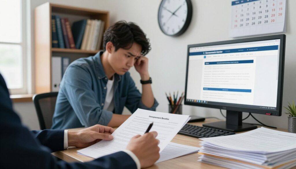 A professional office setting with a focus on a desk piled with paperwork and a computer screen displaying a government job center website. In the foreground, a pair of hands in business attire are filling out forms, symbolizing the registration process for unemployment benefits. The middle of the image features a worried but determined individual, dressed in smart casual clothing, glancing at a clock on the wall, emphasizing the urgency of the registration timeline. In the background, shelves filled with books on employment law and a calendar highlighting important dates create a sense of reliability and seriousness. Soft, natural lighting filters through a window, creating a balanced ambiance that conveys a mixture of tension and hope in the atmosphere.
