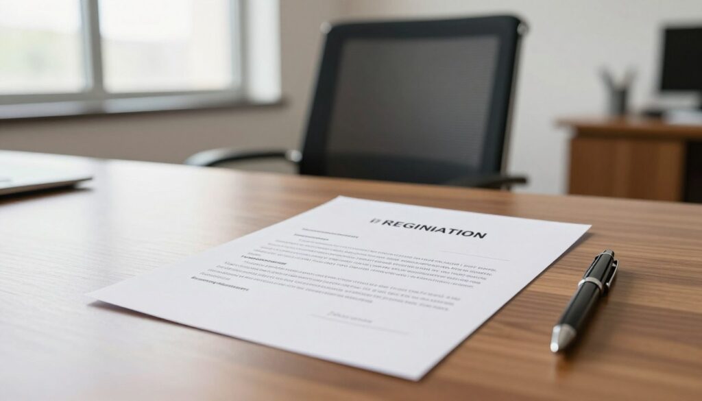 A professional office setting with a focus on a written notice of termination from work, prominently displayed on a polished wooden desk. In the foreground, a neatly typed, formal resignation letter, slightly angled to reveal its contents, with an elegant pen positioned beside it. The middle ground features a stylish, modern office chair pushed slightly back, indicating someone’s recent departure. In the background, a large window letting in soft natural light, illuminating the room with a warm and inviting atmosphere. The overall mood conveys professionalism and clarity, emphasizing the importance of a well-crafted resignation notice. The setting is devoid of any people, ensuring a clean and focused presentation of the letter. A professional office setting with a focus on a written notice of termination from work, prominently displayed on a polished wooden desk. In the foreground, a neatly typed, formal resignation letter, slightly angled to reveal its contents, with an elegant pen positioned beside it. The middle ground features a stylish, modern office chair pushed slightly back, indicating someone’s recent departure. In the background, a large window letting in soft natural light, illuminating the room with a warm and inviting atmosphere. The overall mood conveys professionalism and clarity, emphasizing the importance of a well-crafted resignation notice. The setting is devoid of any people, ensuring a clean and focused presentation of the letter.