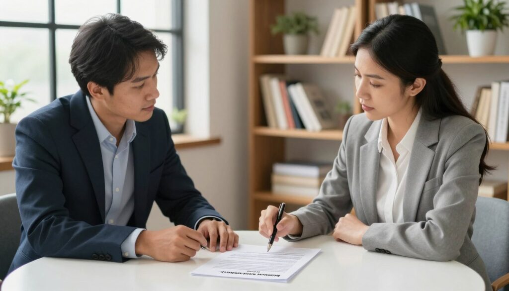 A professional office setting with a round table in the foreground, featuring a document titled "Agreement of Work Termination" lying prominently on the table. Two business professionals, a man and a woman, are seated opposite each other, discussing the agreement, both dressed in smart business attire. The woman has a focused expression, pointing at key sections of the document with a pen, while the man leans in, listening attentively. Soft, natural light filters in through a large window in the background, illuminating the scene with a warm atmosphere. Behind them, shelves filled with books and plants create a productive environment. The image conveys a sense of collaboration and professionalism, highlighting the significance of mutual agreements in employment matters. A professional office setting with a round table in the foreground, featuring a document titled "Agreement of Work Termination" lying prominently on the table. Two business professionals, a man and a woman, are seated opposite each other, discussing the agreement, both dressed in smart business attire. The woman has a focused expression, pointing at key sections of the document with a pen, while the man leans in, listening attentively. Soft, natural light filters in through a large window in the background, illuminating the scene with a warm atmosphere. Behind them, shelves filled with books and plants create a productive environment. The image conveys a sense of collaboration and professionalism, highlighting the significance of mutual agreements in employment matters.