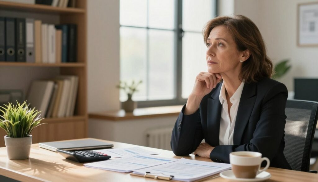 A professional office setting with a warm, inviting atmosphere. In the foreground, a middle-aged woman in professional business attire, looking thoughtful, is seated at a desk cluttered with retirement planning documents, a calculator, and a cup of coffee. In the middle, a large window allows natural light to flood the room, casting soft shadows and creating a serene environment. On the desk, there is also a small plant, symbolizing growth and future possibilities. In the background, shelves filled with books on finance and retirement planning add depth. The mood is contemplative and hopeful, focused on the subject of retirement after 15 years of work, suggesting careful consideration for the future. Soft, diffused lighting enhances the comforting atmosphere.
