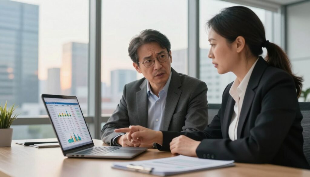 A professional office setting with an elegant desk in the foreground, featuring a sleek laptop displaying a financial spreadsheet. In the middle ground, two middle-aged individuals, a man and a woman, dressed in smart business attire, are engaged in a serious discussion, analyzing the difference between gross and net pension amounts. Behind them, a large window reveals a modern city skyline lit by soft, natural daylight, creating an optimistic atmosphere. The overall lighting is warm and inviting, emphasizing a sense of professionalism and clarity. Capture this scene with a slightly low-angle perspective to convey importance, focusing on the expressions of concentration and concern on the individuals' faces. A professional office setting with an elegant desk in the foreground, featuring a sleek laptop displaying a financial spreadsheet. In the middle ground, two middle-aged individuals, a man and a woman, dressed in smart business attire, are engaged in a serious discussion, analyzing the difference between gross and net pension amounts. Behind them, a large window reveals a modern city skyline lit by soft, natural daylight, creating an optimistic atmosphere. The overall lighting is warm and inviting, emphasizing a sense of professionalism and clarity. Capture this scene with a slightly low-angle perspective to convey importance, focusing on the expressions of concentration and concern on the individuals' faces.