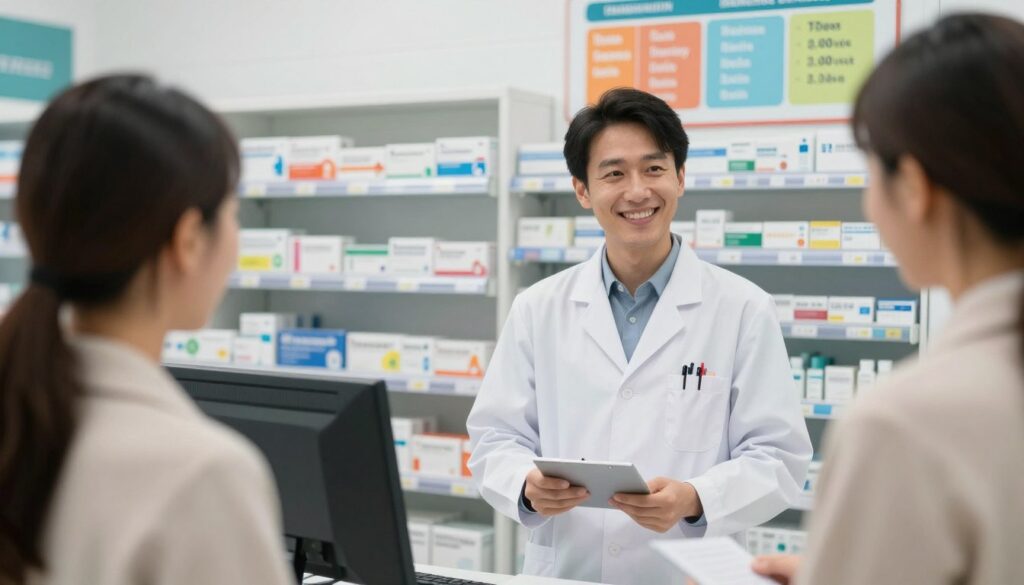 A professional pharmacist standing in a modern pharmacy, wearing a crisp white lab coat. In the foreground, a smiling pharmacist interacts with a customer, showcasing the personal aspect of pharmacy work. The middle ground features shelves filled with various medication boxes and health products, reflecting the pharmacy environment. In the background, a colorful infographic on a wall illustrates salary ranges for pharmacists in different work settings: a hospital, a pharmaceutical company, and a retail pharmacy. The lighting is bright and inviting, suggesting a clean and organized atmosphere. The image should evoke a sense of professionalism, reliability, and community health service, captured from a slightly elevated angle to provide a comprehensive view of the interaction.