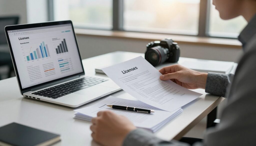 A professional photographer in a modern office setting, reviewing various types of image licenses and copyright agreements on a sleek desk. In the foreground, a laptop displays complex charts and graphs over a document titled "Licenses" with licencje zdjęć illustrations on the screen. The middle ground features a stack of printed licensing agreements with a pen laid across them. In the background, large windows let in soft, natural light, casting a warm glow on the scene. The atmosphere is focused and serious, reflecting the importance of intellectual property in photography pricing. Use a shallow depth of field to draw attention to the documents while softly blurring the background. The photographer is dressed in professional attire, embodying a sense of dedication and expertise.