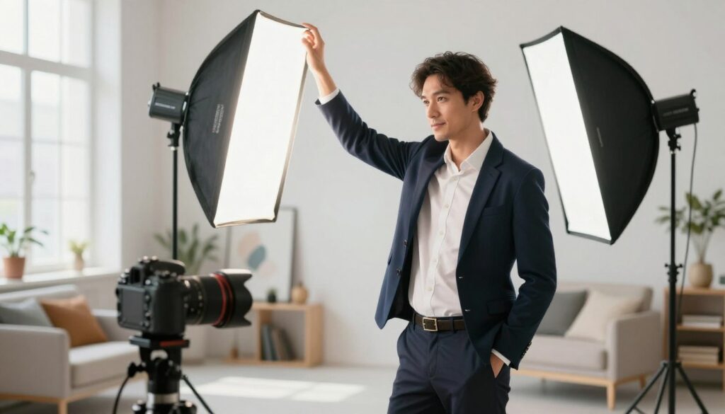 A professional photographer specializing in portrait photography, wearing smart business attire, stands confidently in a bright studio filled with soft, diffused natural light. The foreground showcases a delicate camera setup with a high-end DSLR and a prime lens, capturing the essence of specialized photography. In the middle, the photographer is adjusting the lighting, carefully positioning a softbox to create flattering illumination on the subject. The background reveals a beautifully arranged scene of props and backdrops, reflecting a variety of styles, from elegant to casual. The atmosphere is creative and focused, emphasizing professionalism and the art of capturing unique expressions, showcasing how specialization elevates the craft and income of photographers.