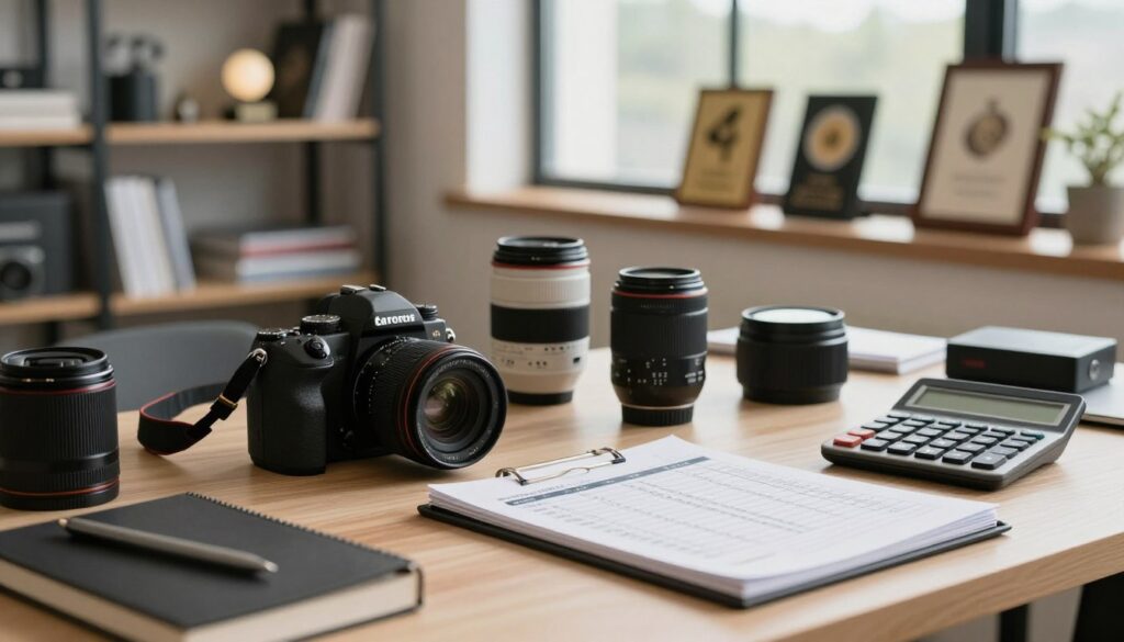 A professional photographer's workspace illustrating the costs involved in running a photography business. In the foreground, a well-organized desk adorned with a high-quality camera, lenses, and photography gear. A calculator and a notepad filled with budgeting figures are prominently displayed, emphasizing financial analysis. The middle ground features a cozy office environment with shelves holding photography books and framed awards. In the background, large windows let in soft, natural light, creating a warm and inviting atmosphere. The scene is captured with a shallow depth of field, focusing on the desk while softly blurring the background. The mood is professional yet approachable, conveying the seriousness and creativity of a photography business.