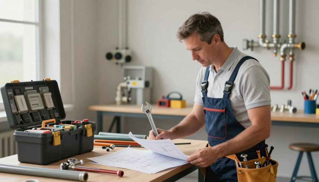 A professional plumber in a tool belt, examining a plumbing system in a well-lit, modern workshop. The foreground showcases the plumber, a middle-aged Caucasian man in a neat uniform, holding a wrench and looking thoughtfully at blueprints on a workbench. The middle layer features various plumbing tools organized neatly, with a toolbox and pipes. The background has a blurred view of plumbing installations on the wall, highlighting the complexity of plumbing jobs. Soft, natural lighting filters through a window, creating a warm atmosphere. The scene conveys professionalism, expertise, and the intricacies of different employment models in the plumbing industry. A professional plumber in a tool belt, examining a plumbing system in a well-lit, modern workshop. The foreground showcases the plumber, a middle-aged Caucasian man in a neat uniform, holding a wrench and looking thoughtfully at blueprints on a workbench. The middle layer features various plumbing tools organized neatly, with a toolbox and pipes. The background has a blurred view of plumbing installations on the wall, highlighting the complexity of plumbing jobs. Soft, natural lighting filters through a window, creating a warm atmosphere. The scene conveys professionalism, expertise, and the intricacies of different employment models in the plumbing industry.