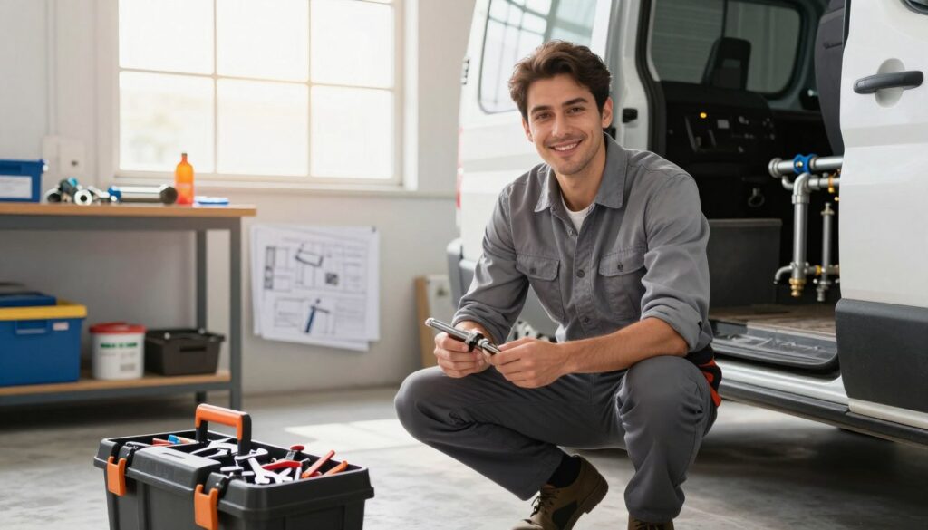 A professional plumber in smart casual attire, crouching in front of a modern work van, inspecting plumbing tools with a confident smile. In the foreground, a toolbox displays a variety of plumbing tools, including wrenches and pipes. The middle ground features a bright and organized workshop with plumbing materials and blueprints scattered on a workbench. In the background, a sunny window allows warm light to fill the space, highlighting the plumber's dedication to their craft. The atmosphere conveys a sense of achievement and independence, illustrating the benefits of owning a plumbing business. Soft, natural lighting enhances the professionalism of the scene, capturing the essence of entrepreneurial success in the plumbing industry. A professional plumber in smart casual attire, crouching in front of a modern work van, inspecting plumbing tools with a confident smile. In the foreground, a toolbox displays a variety of plumbing tools, including wrenches and pipes. The middle ground features a bright and organized workshop with plumbing materials and blueprints scattered on a workbench. In the background, a sunny window allows warm light to fill the space, highlighting the plumber's dedication to their craft. The atmosphere conveys a sense of achievement and independence, illustrating the benefits of owning a plumbing business. Soft, natural lighting enhances the professionalism of the scene, capturing the essence of entrepreneurial success in the plumbing industry.
