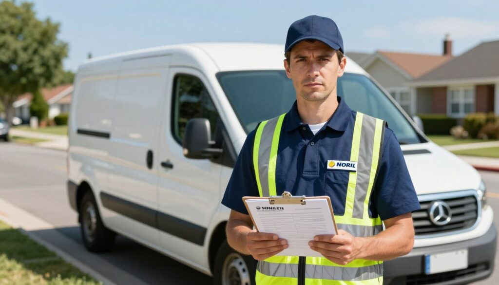 A professional postal worker dressed in a smart uniform stands confidently in front of a delivery vehicle, showcasing the requirements for the role. In the foreground, focus on the worker's determined expression, holding a clipboard filled with application forms. The middle ground illustrates the delivery vehicle, parked against a backdrop of a suburban neighborhood, with houses and trees lining the street. The background features a clear blue sky, signifying a bright day. The lighting is bright and natural, highlighting the details of the uniform, including the company logo and reflective safety gear. The atmosphere conveys a sense of responsibility and pride in community service, emphasizing the dedication required for this position.