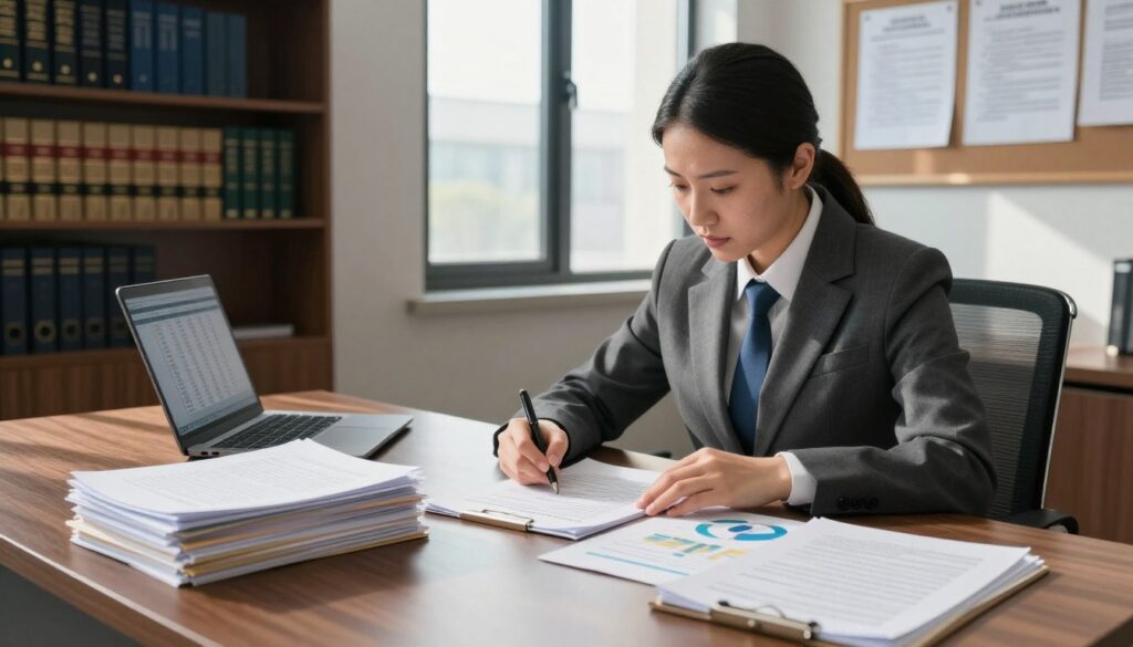 A professional prosecutor in a modern office setting, clad in a tailored business suit, intently analyzing legal documents and charts on a polished wooden desk. The foreground features a well-organized stack of files and a laptop displaying financial data related to salary structures. In the middle, natural light streams in from a large window, casting gentle shadows across the room. The background displays bookshelves filled with legal texts and a bulletin board with pinned papers illustrating different factors influencing salary. The atmosphere is focused and serious, emphasizing the importance of understanding salary dynamics in the prosecution field. The angle is slightly above eye level, capturing both the prosecutor's concentration and the surrounding professional environment. A professional prosecutor in a modern office setting, clad in a tailored business suit, intently analyzing legal documents and charts on a polished wooden desk. The foreground features a well-organized stack of files and a laptop displaying financial data related to salary structures. In the middle, natural light streams in from a large window, casting gentle shadows across the room. The background displays bookshelves filled with legal texts and a bulletin board with pinned papers illustrating different factors influencing salary. The atmosphere is focused and serious, emphasizing the importance of understanding salary dynamics in the prosecution field. The angle is slightly above eye level, capturing both the prosecutor's concentration and the surrounding professional environment.