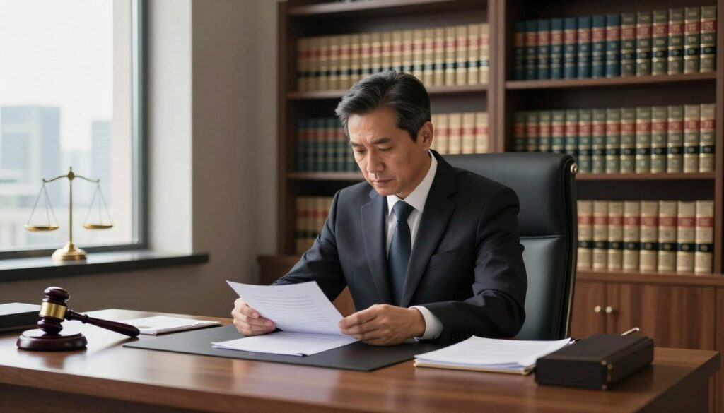 A professional prosecutor in an elegant office, examining legal documents on a modern wooden desk. Surrounding the prosecutor are shelves filled with law books and decorative elements like a gavel and a scale of justice, signifying authority and integrity. The prosecutor, a middle-aged individual in a tailored dark suit, shows deep concentration, emphasizing the seriousness of their role. Natural light streams in through large windows, casting soft shadows across the room and highlighting the details of the attire. In the background, a city skyline is visible, representing the urban legal environment. The overall atmosphere conveys professionalism, diligence, and a sense of purpose, reflecting the varying levels of salary associated with a prosecutor’s career ladder. A professional prosecutor in an elegant office, examining legal documents on a modern wooden desk. Surrounding the prosecutor are shelves filled with law books and decorative elements like a gavel and a scale of justice, signifying authority and integrity. The prosecutor, a middle-aged individual in a tailored dark suit, shows deep concentration, emphasizing the seriousness of their role. Natural light streams in through large windows, casting soft shadows across the room and highlighting the details of the attire. In the background, a city skyline is visible, representing the urban legal environment. The overall atmosphere conveys professionalism, diligence, and a sense of purpose, reflecting the varying levels of salary associated with a prosecutor’s career ladder.